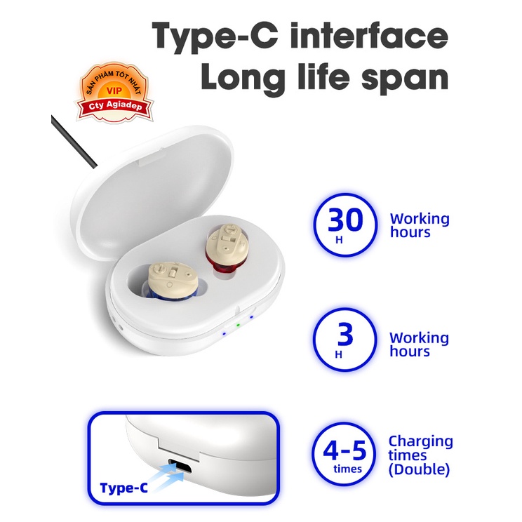 Máy trợ thính người già Màu Xanh Đỏ 2 Tai và Hộp sạc GM901
