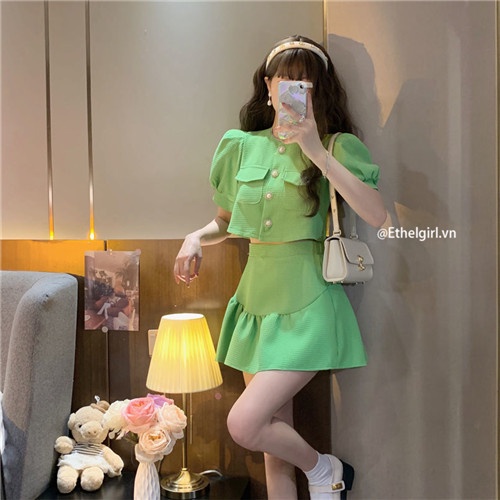 Set Áo Tay Ngắn Phồng + Chân Váy Chữ A Lưng Cao Thời Trang Nữ