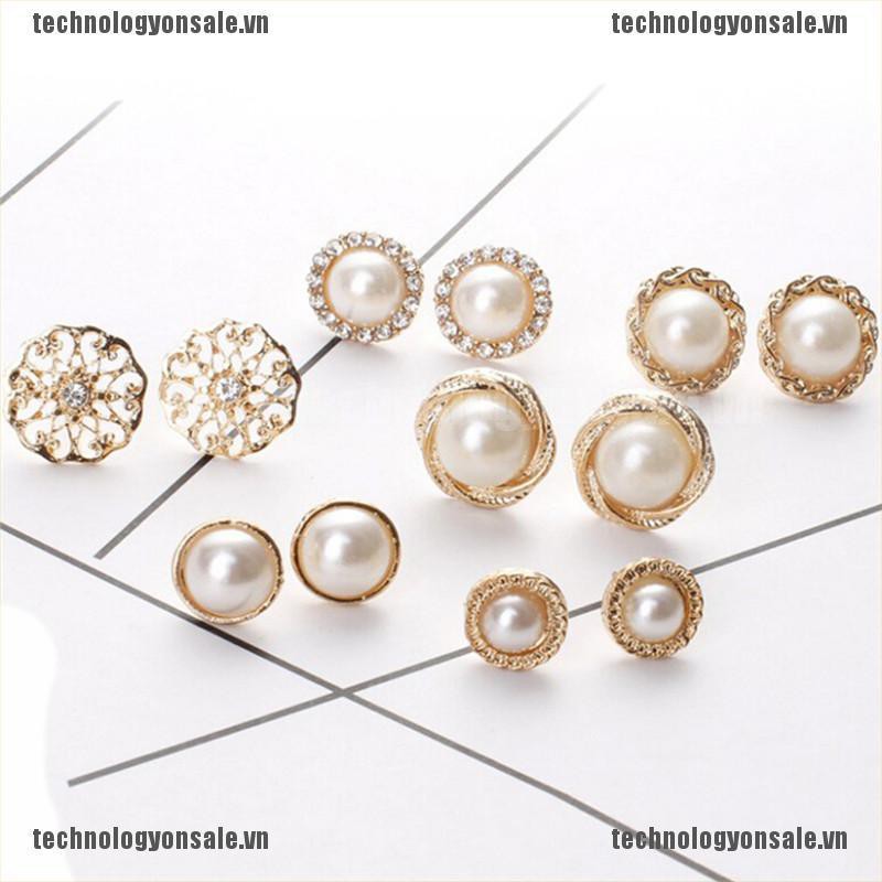 [Tech] 6 Pairs Elegant Crystal Rhinestone Diamond Pearl Sign Ears Tiny Studs Earrings [VN]