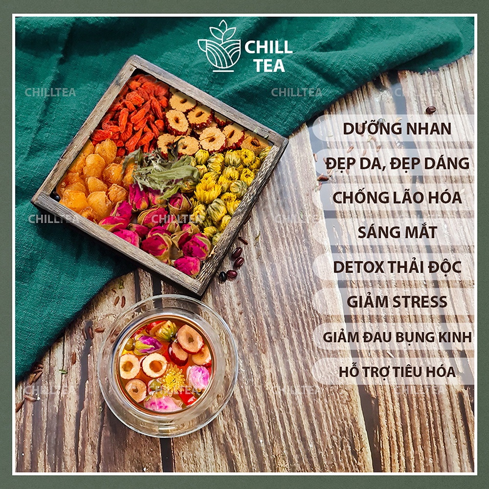 Trà Dưỡng Nhan Giảm Cân, Đẹp Dáng Chilltea Nhiều Vị, Trà Dưỡng Nhan Khô Hoa Cúc, Nụ Hoa Hồng, Long Nhãn, Kỷ Tử, Táo Đỏ