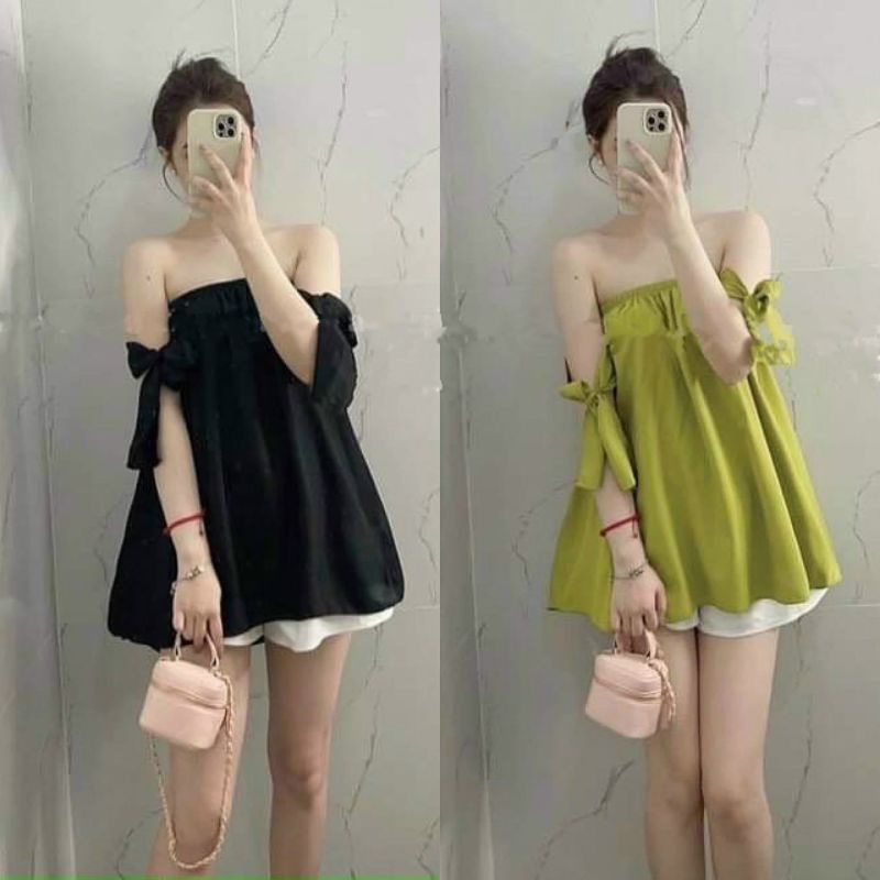 Áo bẹt vai rớt tay phối nơ phôm suông dễ thương