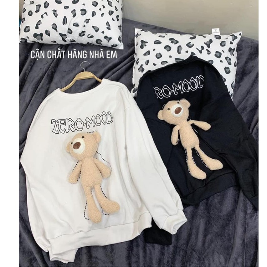 Áo Gấu BEHIND Dài Tay Nữ [FREESHIP]  Nỉ bông teddy treo sau lưng form rộng oversize màu TRẮNG | ĐEN Ulzzang HOT