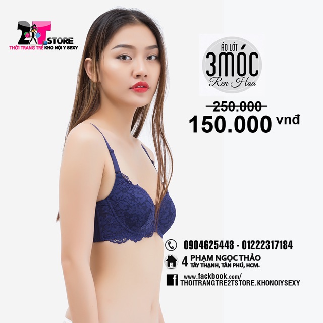 Áo Nâng Ngực Cotton 3 Móc Phối Ren (Xanh Dương)