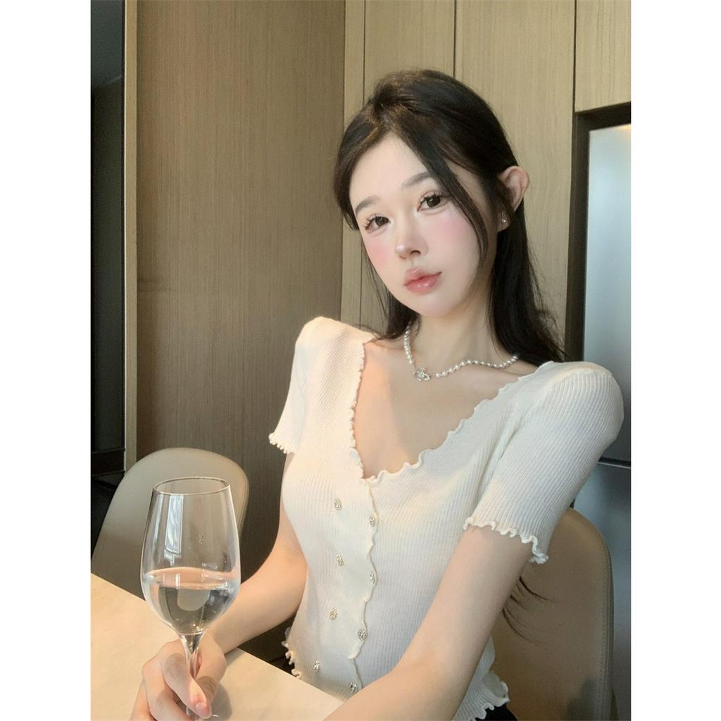 ZHELIHANGFEI Áo Dệt Kim Tay Ngắn Cổ Chữ V Vải Lụa Mát Thời Trang Quyến Rũ Cho Nữ