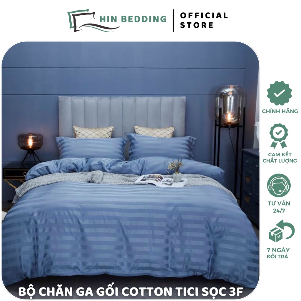Bộ Chăn Ga Gối Cotton Tici 3F Khách Sạn HIN BEDDING, Cotton 3F Kẻ Sọc Cao Cấp, Drap Giường Bo Chun Đ