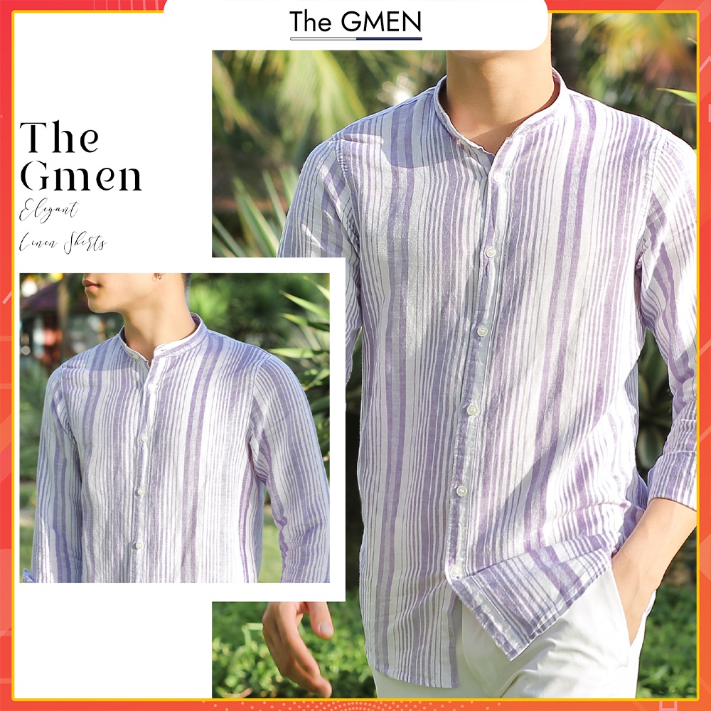 [Giảm 10% Mã SKMLTSM12] Áo sơ mi nam dài tay The GMEN Linen cổ trụ thiết kế kẻ sọc, thoáng mát, thấm hút mồ hôi | BigBuy360 - bigbuy360.vn