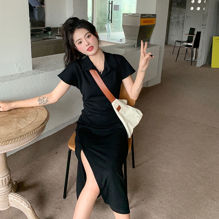 COZOK Đầm Tay Ngắn Cổ POLO Thiết Kế Xẻ Tà Form Ôm Tôn Dáng Quyến Rũ