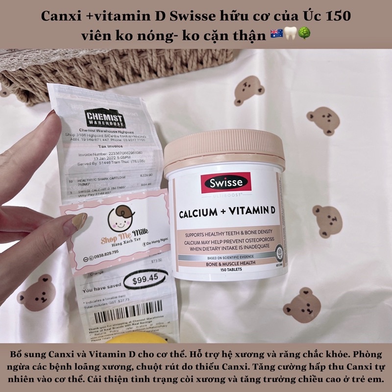 Canxi + vitamin D hữu cơ Swisse của úc 300 viên không nóng & ko táo  🐚🦷🇦🇺