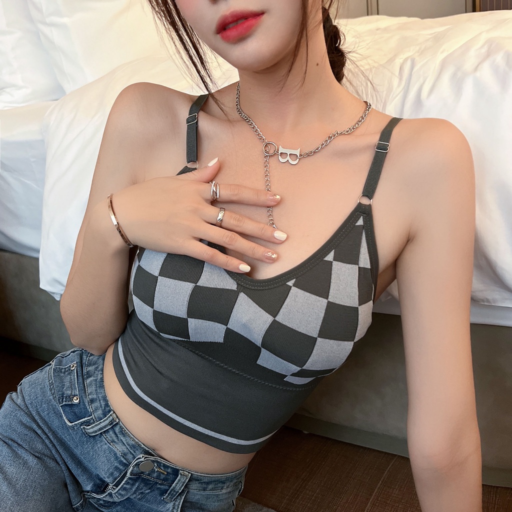 Easnine Áo Lót Dệt Kim Ngắn Hai Dây Cổ Chữ V Có Đệm Ngực Có Thể Tháo Rời Kẻ Caro Hàn Quốc