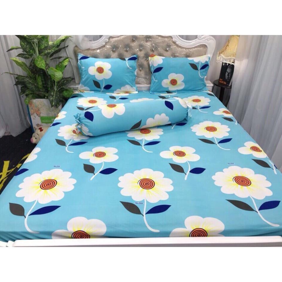 Bộ Drap Trải Giường Họa Tiết Hoa Trắng - Thun Hàn Quốc Cao Cấp