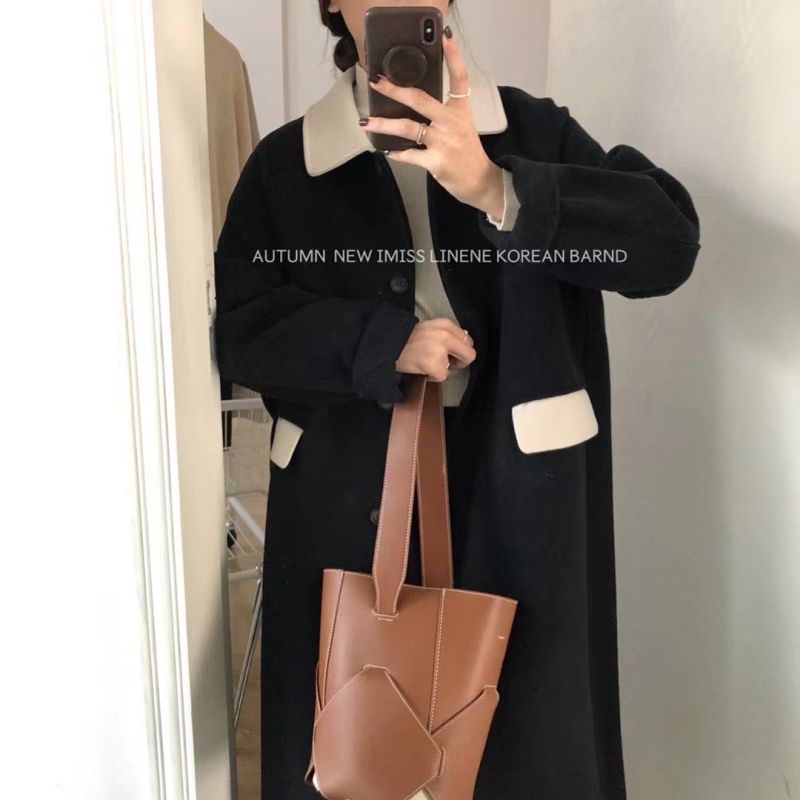 [Spot] Áo Khoác Len Ôm Dáng Vừa Vặn Đơn Giản Thời Trang Hàn Quốc Cổ Điển Tương Phản Cho Nữ