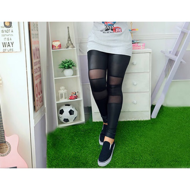 Quần legging da bóng phối lưới big size màu đen cao cấp 65-75kg