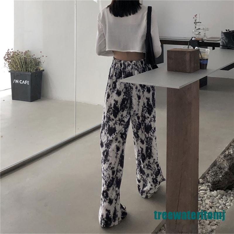 <new~>Loose Straight High Waist Long Boho Ruched Pleated Tie Dye Print Pant Casual Trouser