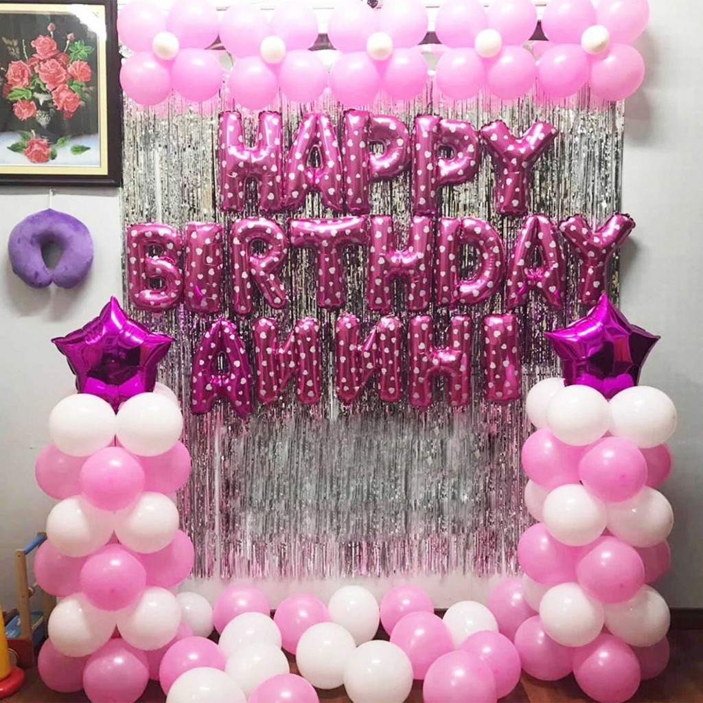 Combo Trang Trí Tiệc Sinh Nhật 2 Rèm Kim Tuyến, Bóng Chữ Happy Birthday và 50 bong bóng tròn+ bóng sao +bơm keo