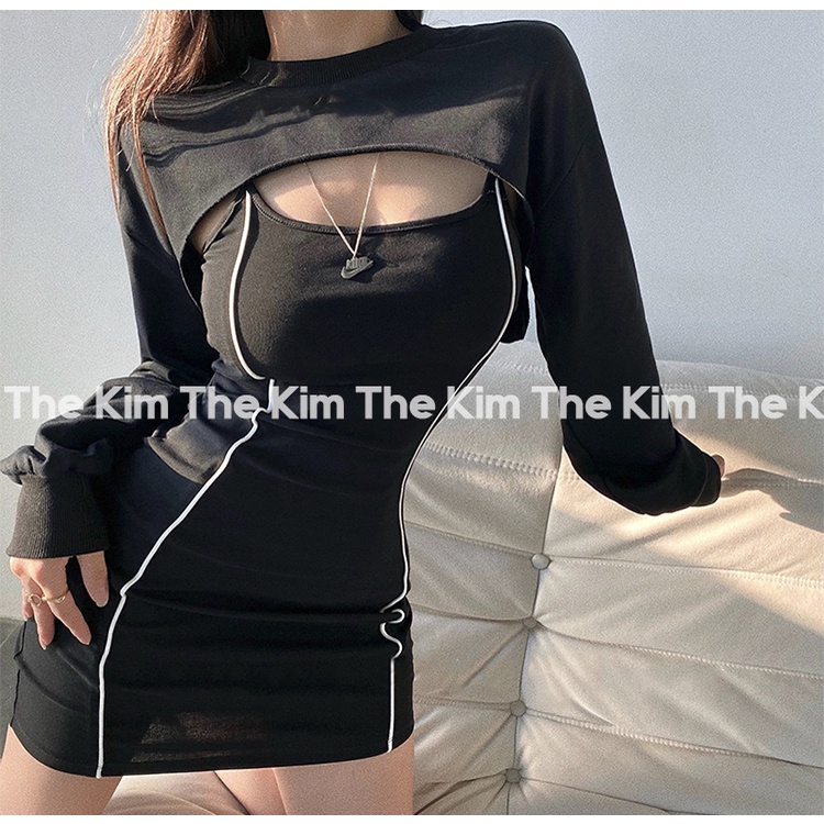 Set 2 món váy body 2 dây dáng ngắn - áo nửa thân trên ngực , bộ váy ôm sát người The Kim SV130