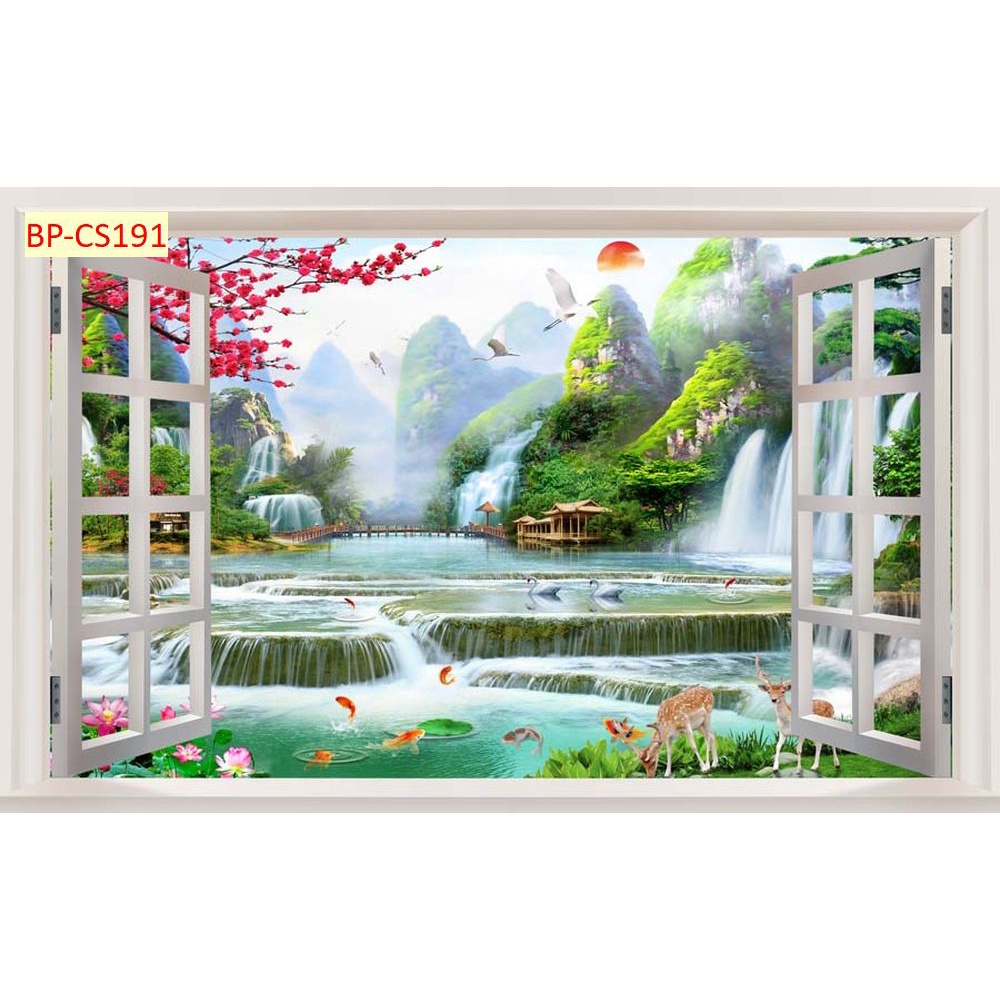 Tranh dán tường 3D khung cửa sổ sang trọng, lịch sự chủ đề biển nước, hồ xanh mát