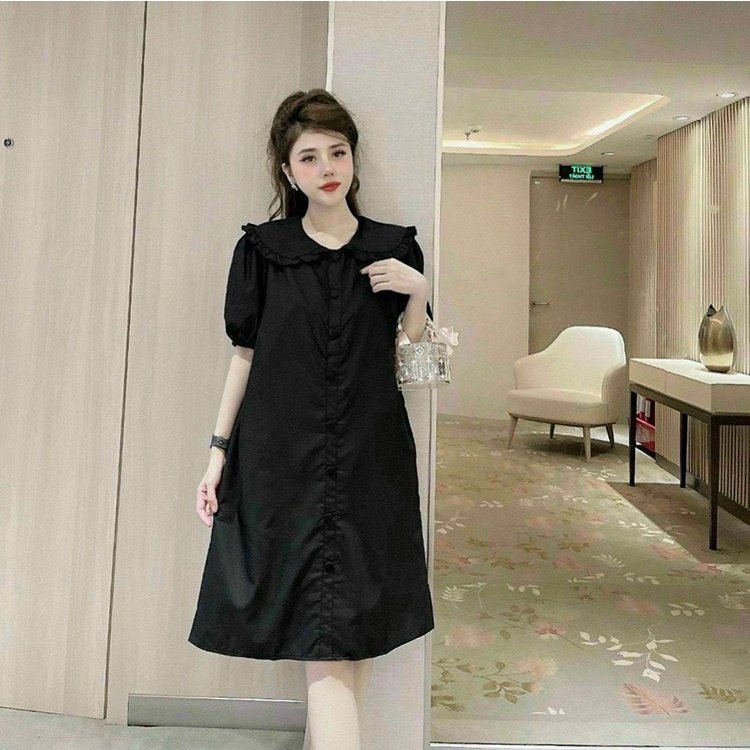 Đầm dài công sở cổ bèo váy ngắn tay dáng suông chất đũi lụa | BigBuy360 - bigbuy360.vn