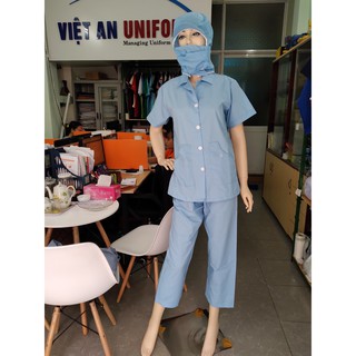 [Quần+áo+nón] Quần áo ngắn tay có nút công nhân trực vệ sinh, bệnh viện vải silk xanh mềm mịn mát