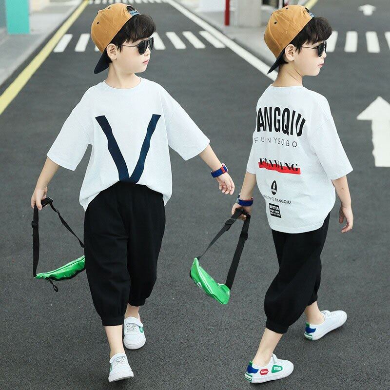 Set Áo Thun In Chữ &amp; Quần Short Cotton Cho Bé Trai 5-12 Tuổi