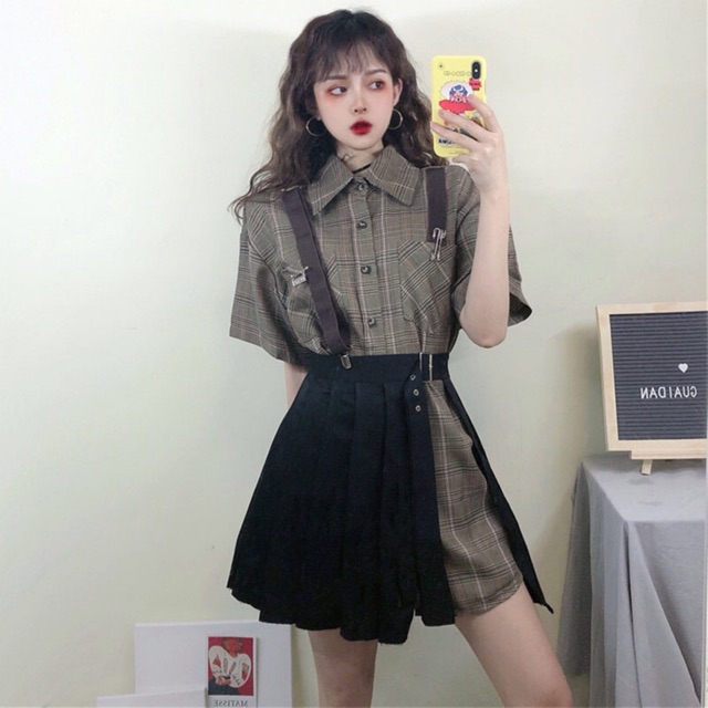 [ORDER+ẢNH THẬT] Set váy áo sơ mi kẻ dáng dài + chân váy xếp li cách điệu Ulzzang BLACK PINK siêu xinh - độc - hot | BigBuy360 - bigbuy360.vn