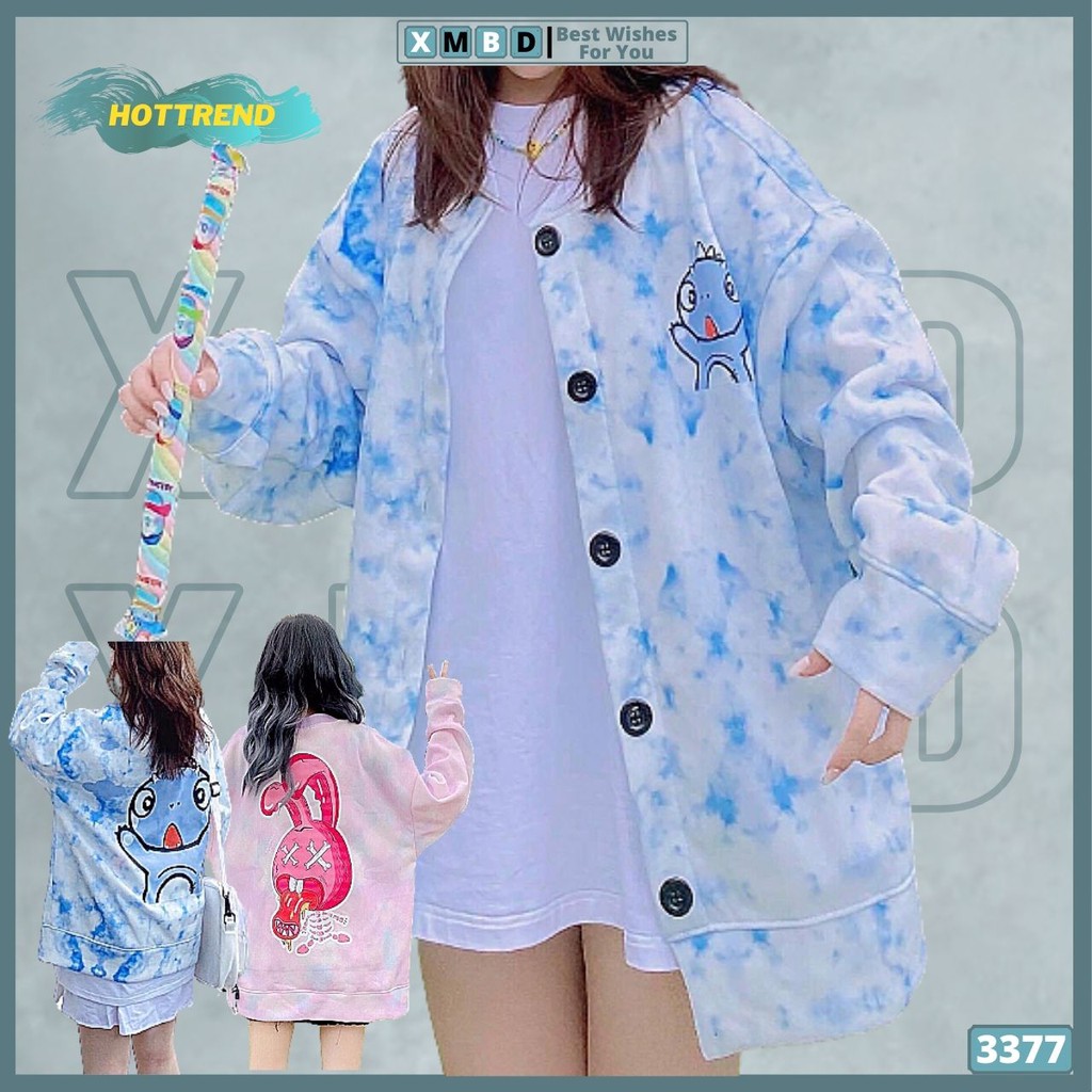 Áo Khoác Cardigan Nỉ Bông 3D Dày Dặn Loang Màu Áo Khoác Bomber Nỉ Nữ Nam Loang Màu in THỎ & KHỦNG LONG - AK3377