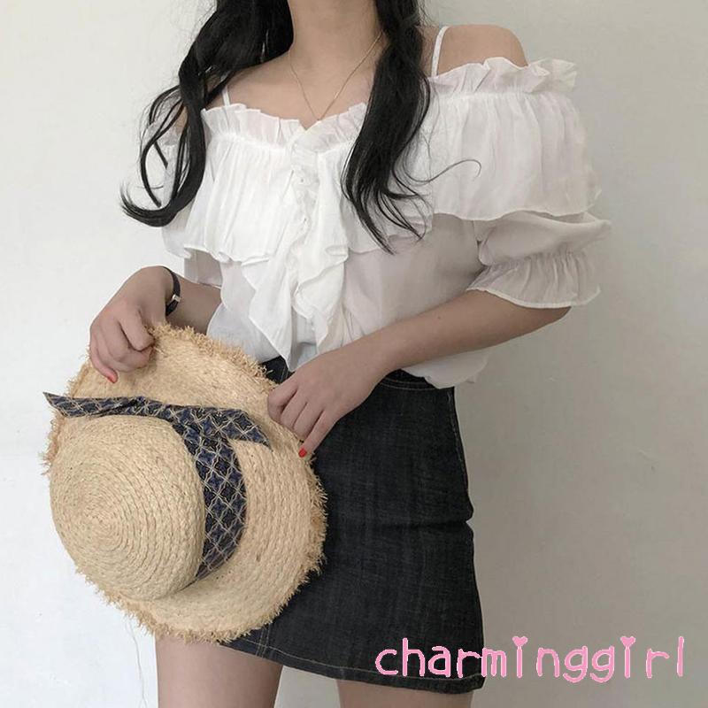 Áo Kiểu Trễ Vai Tay Ngắn Màu Trơn Thời Trang Mùa Hè Cho Nữ