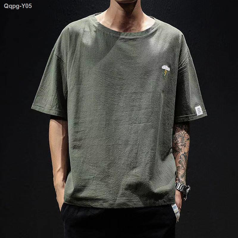 △ 【Gửi hàng từ Trung Quốc】Linen áo thun nam ngắn tay thêu bông kiểu Trung Quốc và vải lanh nửa tay áo sơ mi vải lanh rộn