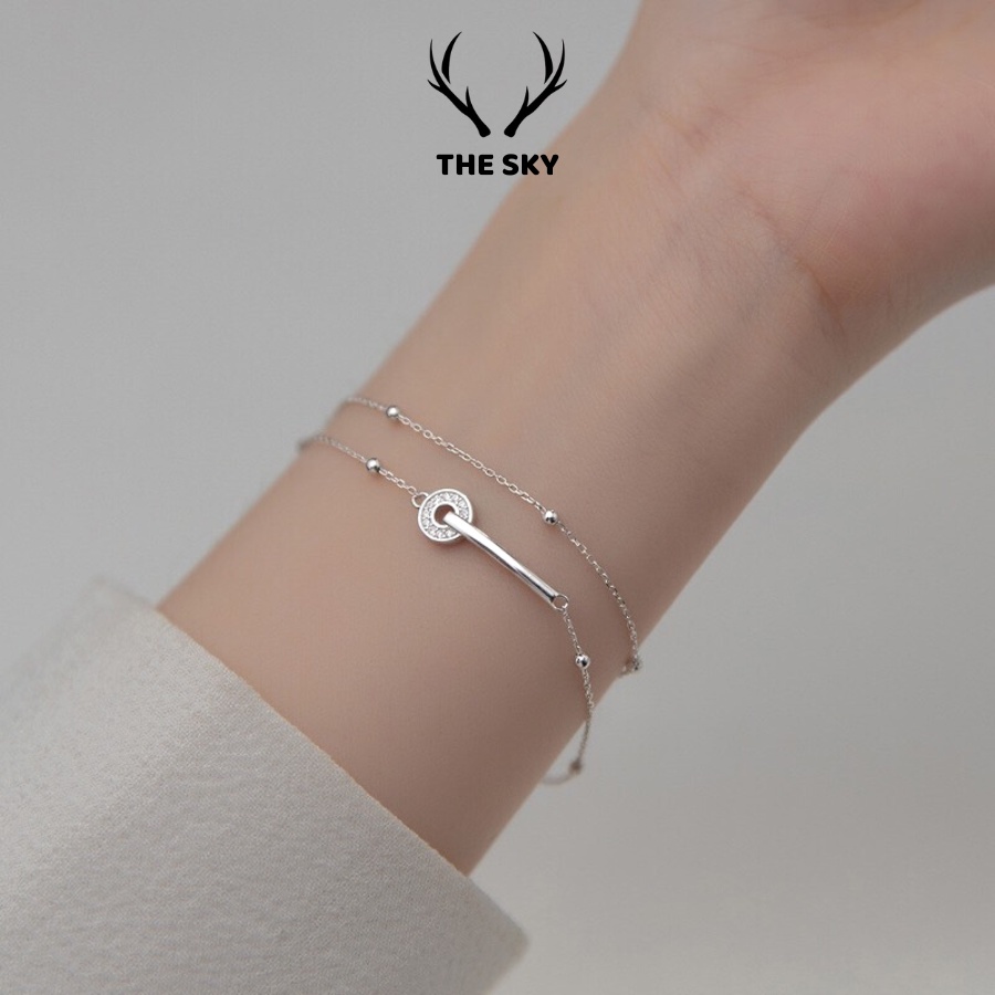 Vòng Tay Bạc Nữ THE SKY VT1023 Hai Dây Sợi Mảnh Kèm Mặt Tròn Đính Đá Điểm Hạt Bạc