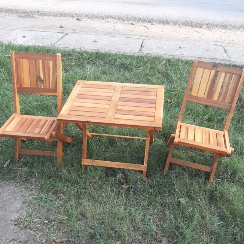 Bộ Ghế gỗ xếp cà phê _ ghế xếp inox(  1 bàn + 2 ghế ). mới 100%