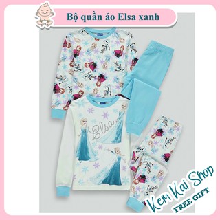 Set quần áo thu đông in hình Elsa màu xanh cho bé gái