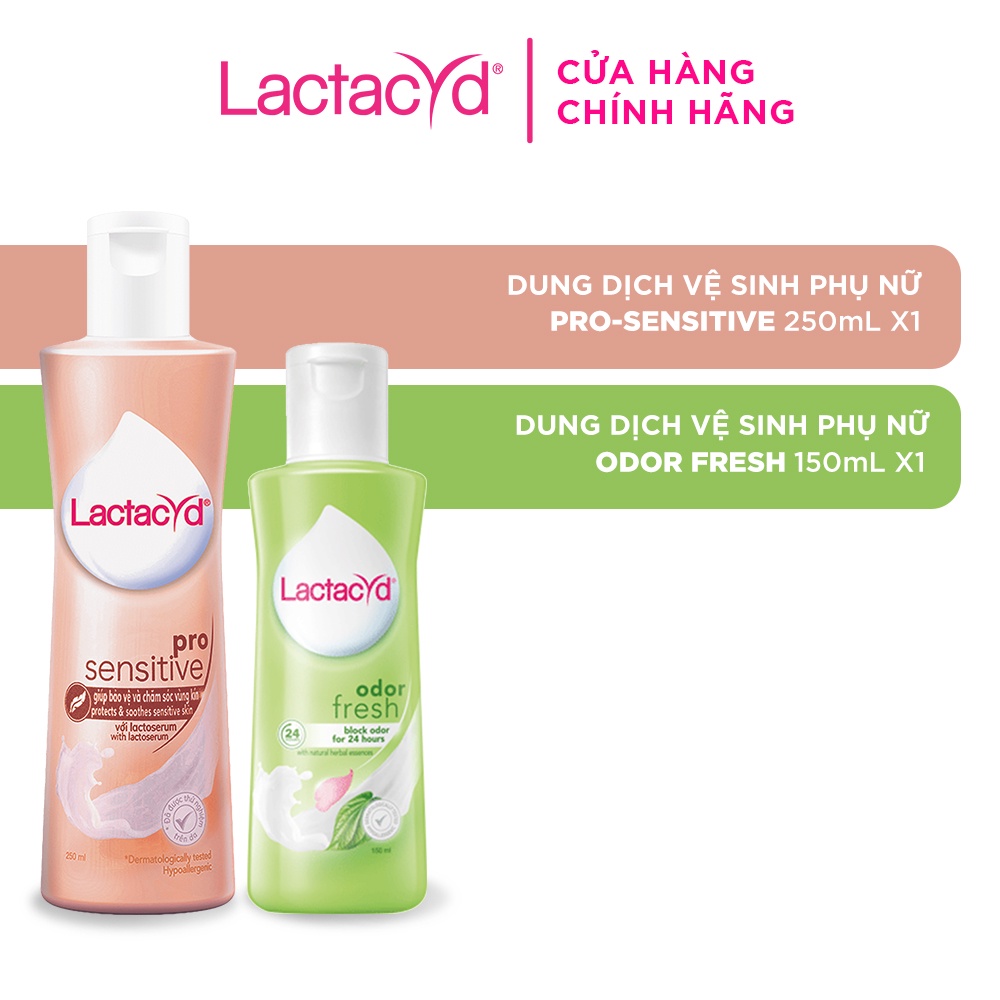 Bộ Dung Dịch Vệ Sinh Phụ Nữ Lactacyd Odor Fresh Ngăn Mùi 24H 150ml + Pro Sensitive Cho Da Nhạy Cảm 250ml