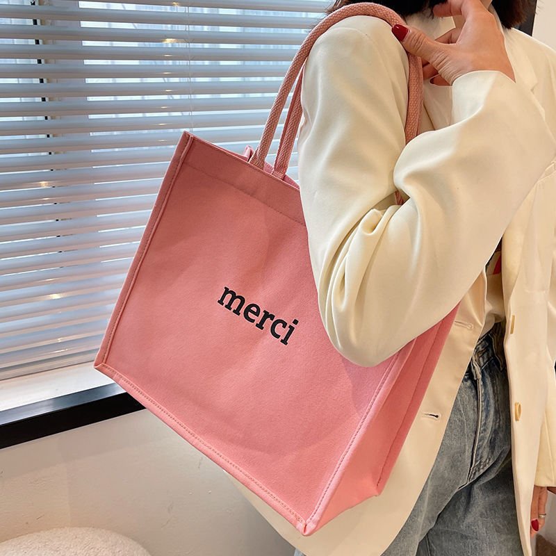 Túi tote vải canvas nữ đeo vai in chữ MERCI phong cách thời trang trẻ trung | BigBuy360 - bigbuy360.vn