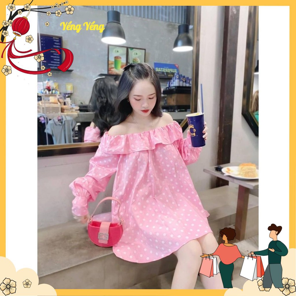 VNU216 - VÁY HỒNG CHẤM BI GIẤU QUẦN CỔ BÈO