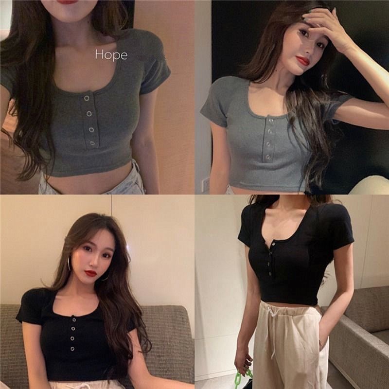 WANG JIAO ZHAN Áo croptop thun tay ngắn cổ tròn dáng ôm lưng cao thời trang