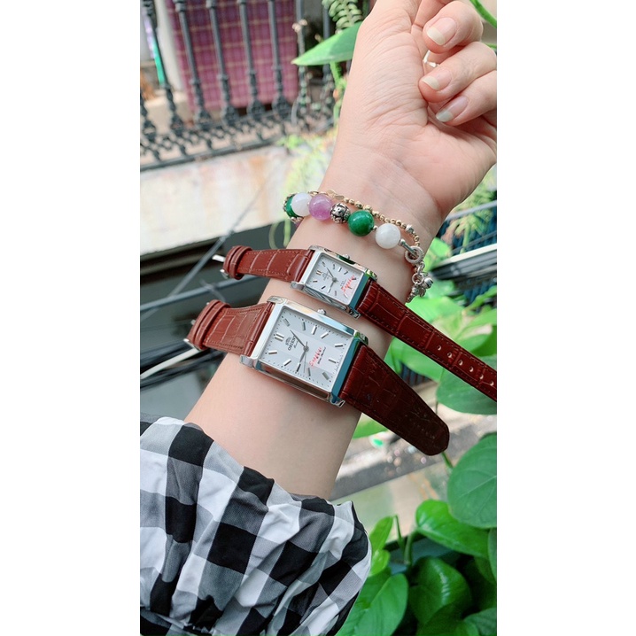 Đồng Hồ Cặp Đôi Nam Nữ Orient Dây Da Mặt Chữ Nhật , Kính sapphire Size Nam 30 x 34, size nữ 20x24