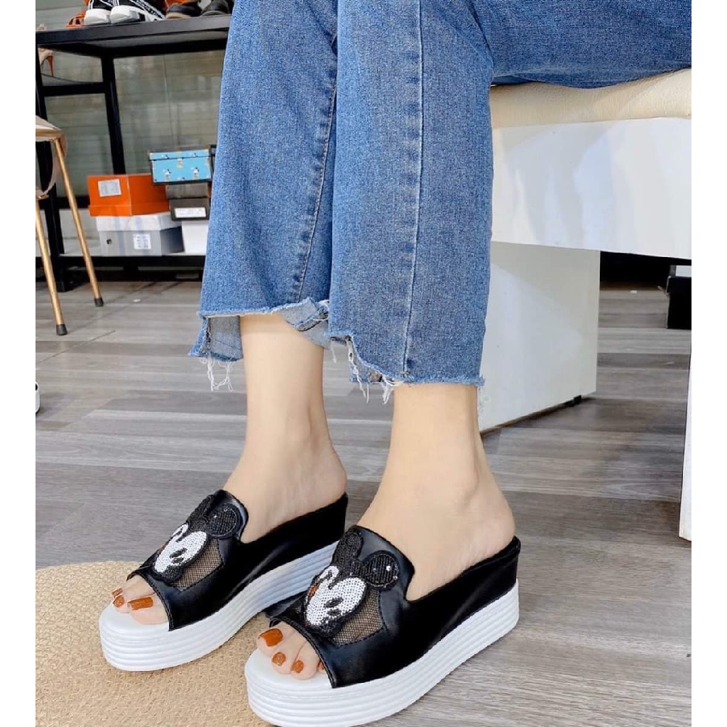 Dép nữ đế bánh mỳ cao 5p in hình micky êm chân