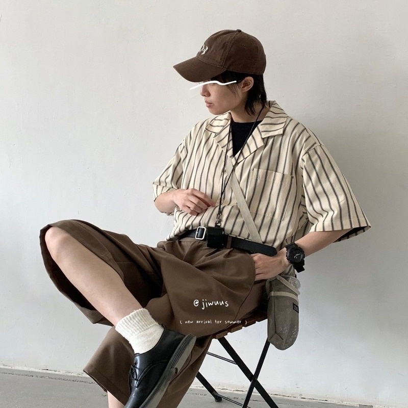 Áo Sơ Mi Ngắn Tay Họa Tiết Kẻ Sọc Phong Cách Retro Dành Cho Nam