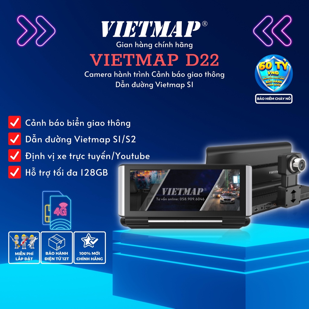VIETMAP D22 Free lắp HCM - Camera Hành Trình Android - Dẫn đường Cảnh Báo Giao Thông - Hàng Chính Hãng