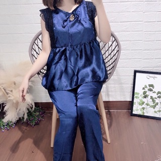 Pizama tay cộc quần dài phi lụa sát nách phối ren tiểu thư