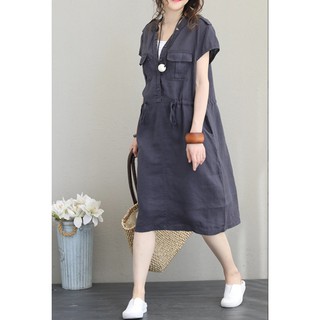 Đầm suông Linen cổ V túi hộp thắt eo SLINEN, chất vải Linen bột Premium, form váy suông rộng không kén dáng mặc