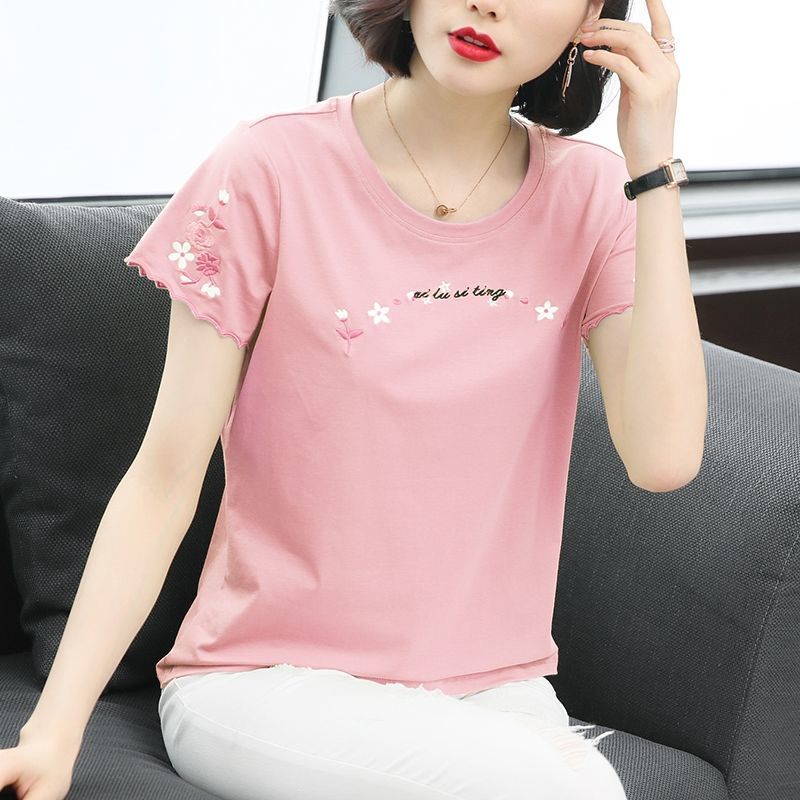 Áo Thun cotton Cổ Tròn Dáng Rộng Thêu Họa Tiết Đơn Giản Thời Trang Mùa Hè Cho Nữ Trung Niên