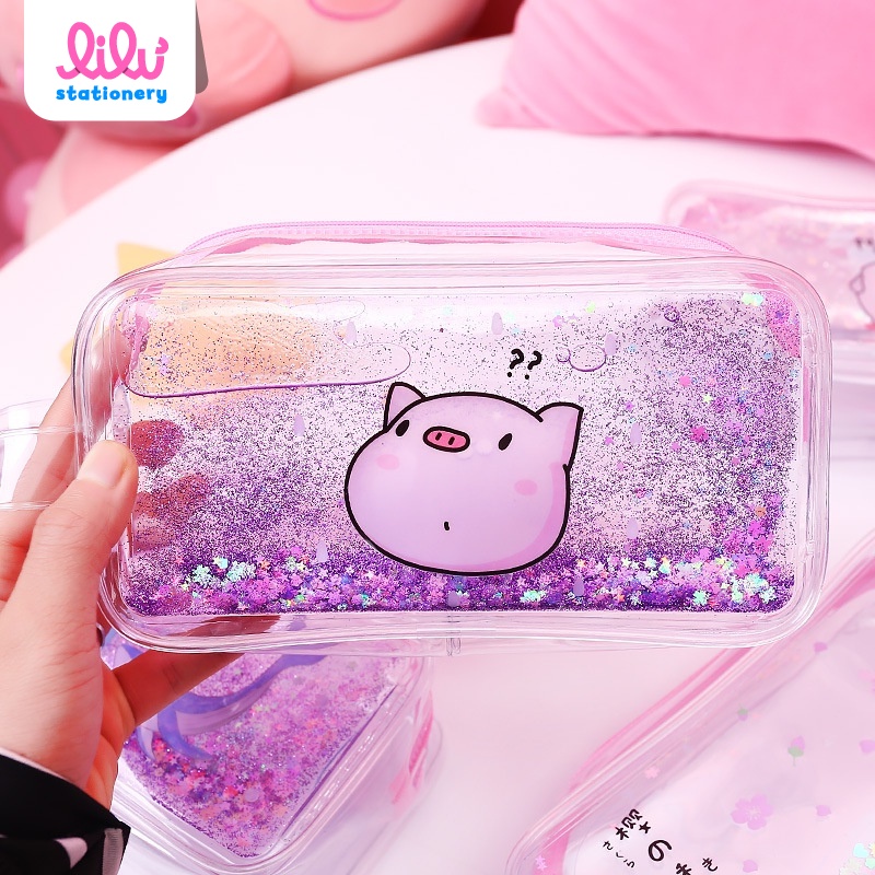 Hộp bút trong suốt cute để bàn nhựa to phối dầu cát lún kim tuyến lấp lánh