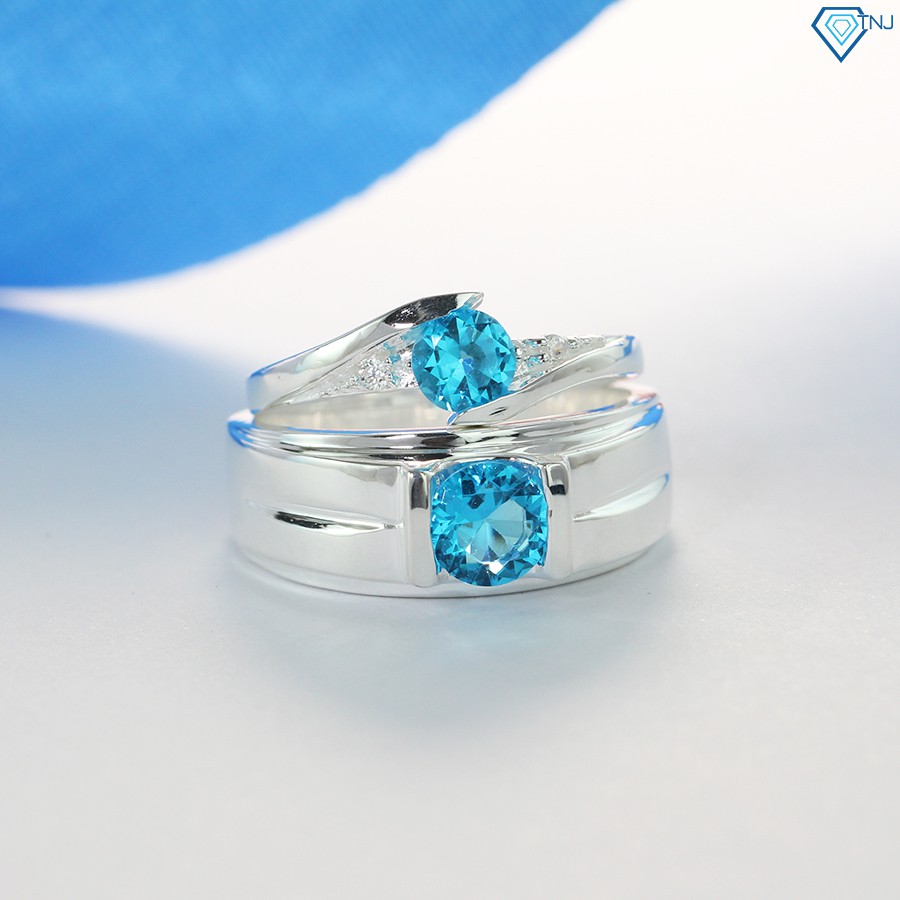 Nhẫn đôi bạc 925 đính đá xanh dương khắc tên ND0395 Trang Sức TNJ