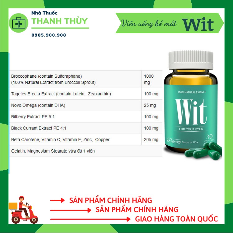 WIT, Viên Uống Bổ Mắt, Bảo Vệ Võng Mạc Và Thủy TinhThể, Giảm Mờ, Mỏi Mắt, Chai 30 Viên
