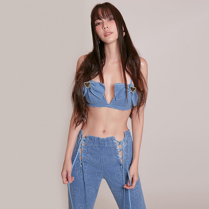 Áo Hai Dây Denim Cổ Chữ V Thắt Nút Thời Trang Cho Nữ