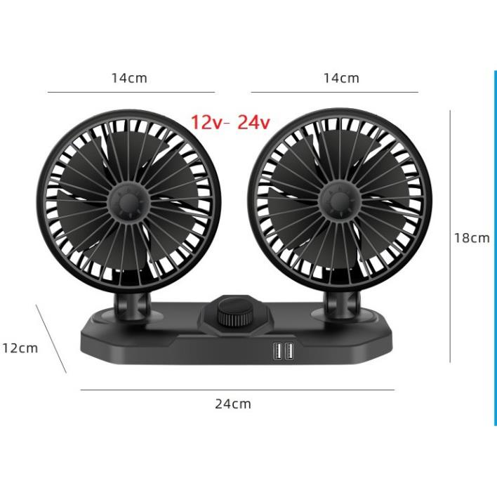 Quạt Đôi Ôtô xe Tải 24V Xe Hơi Nhỏ 12V- 02 USB 3,1A Xạc Nhanh, Xoay 360 Độ Nguồn: Tẩu 12V, 24V