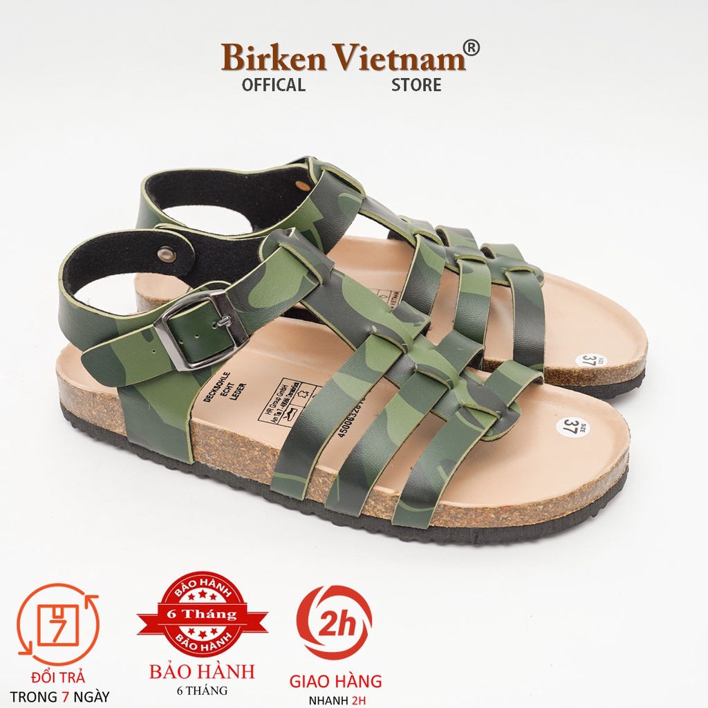 Mã R12 Sandal ĐẾ TRẤU Da PU Camo Rằn Ri Quai Chiến Binh Unisex Birken Vietnam Bioline