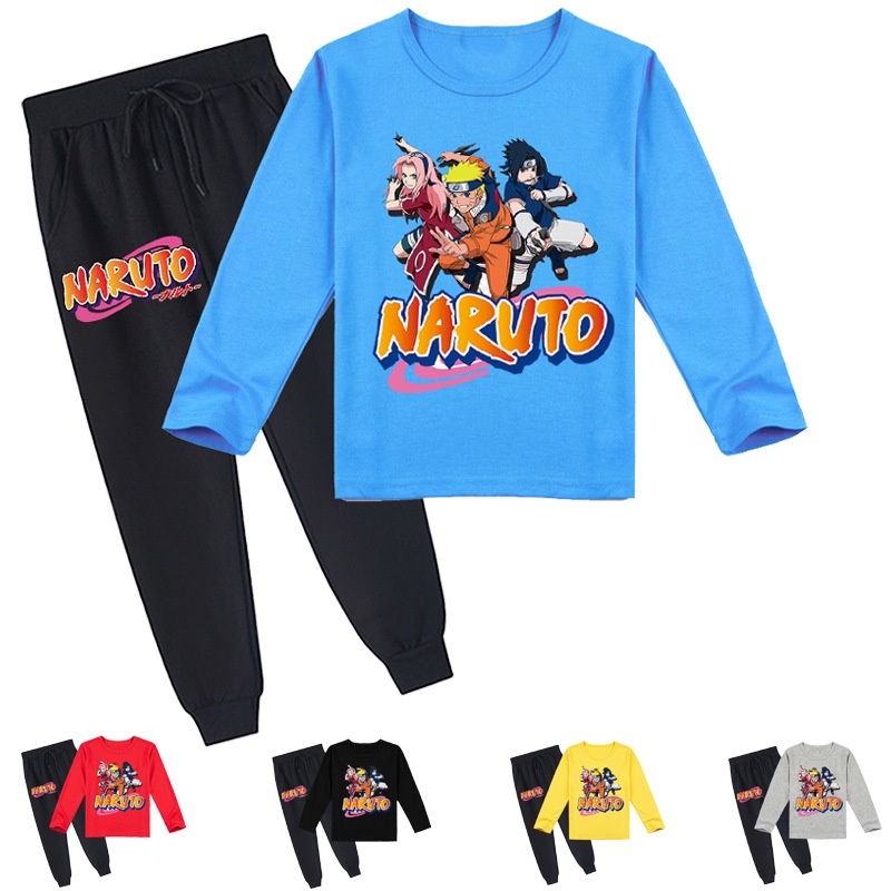 Bộ Áo Thun Tay Dài Cổ Tròn In Hình Naruto + Quần Dài Cho Bé Trai / Gái
