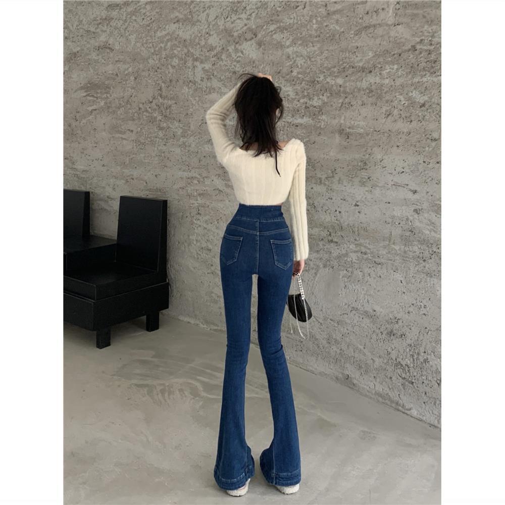 Jiashucheng Quần Jean Ống Loe Lưng Cao Dáng Ôm Màu Xanh Dương Phong Cách Phương Tây Thời Trang Mùa Hè Cho Nữ