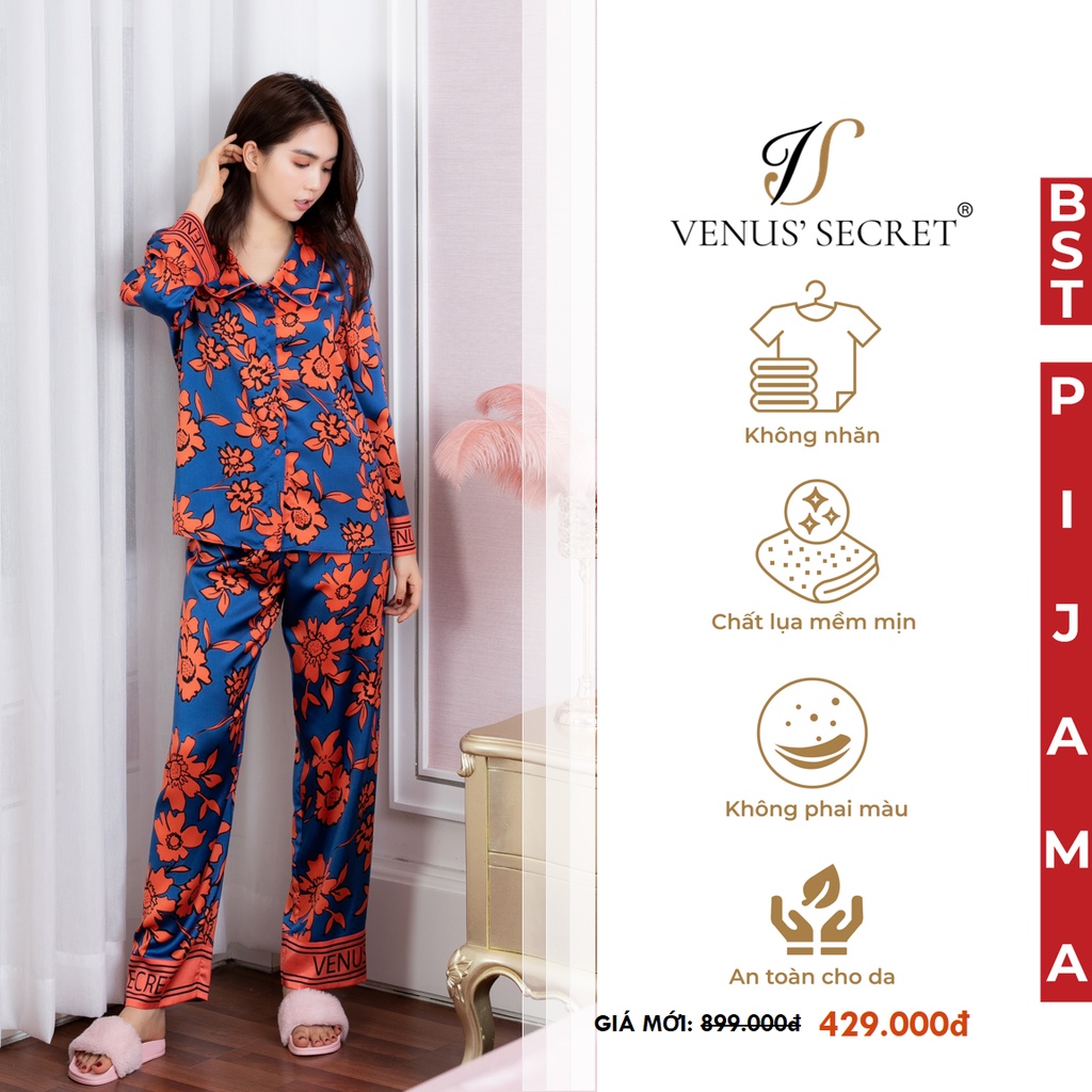 Bộ đồ ngủ Pijama - đồ ngủ lụa cao cấp họa tiết hoa cam thương hiệu VENUSSECRET